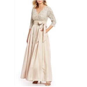 ELIZA J Formal Gown A-Line Dress Beige 3/4 Sleeve Lace Top Back Zip Sz 4